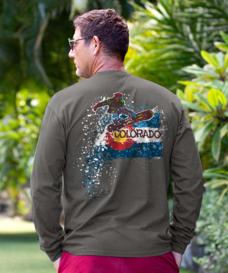Man wearing a long-sleeve shirt with a Colorado-themed graphic in an outdoor setting View 2