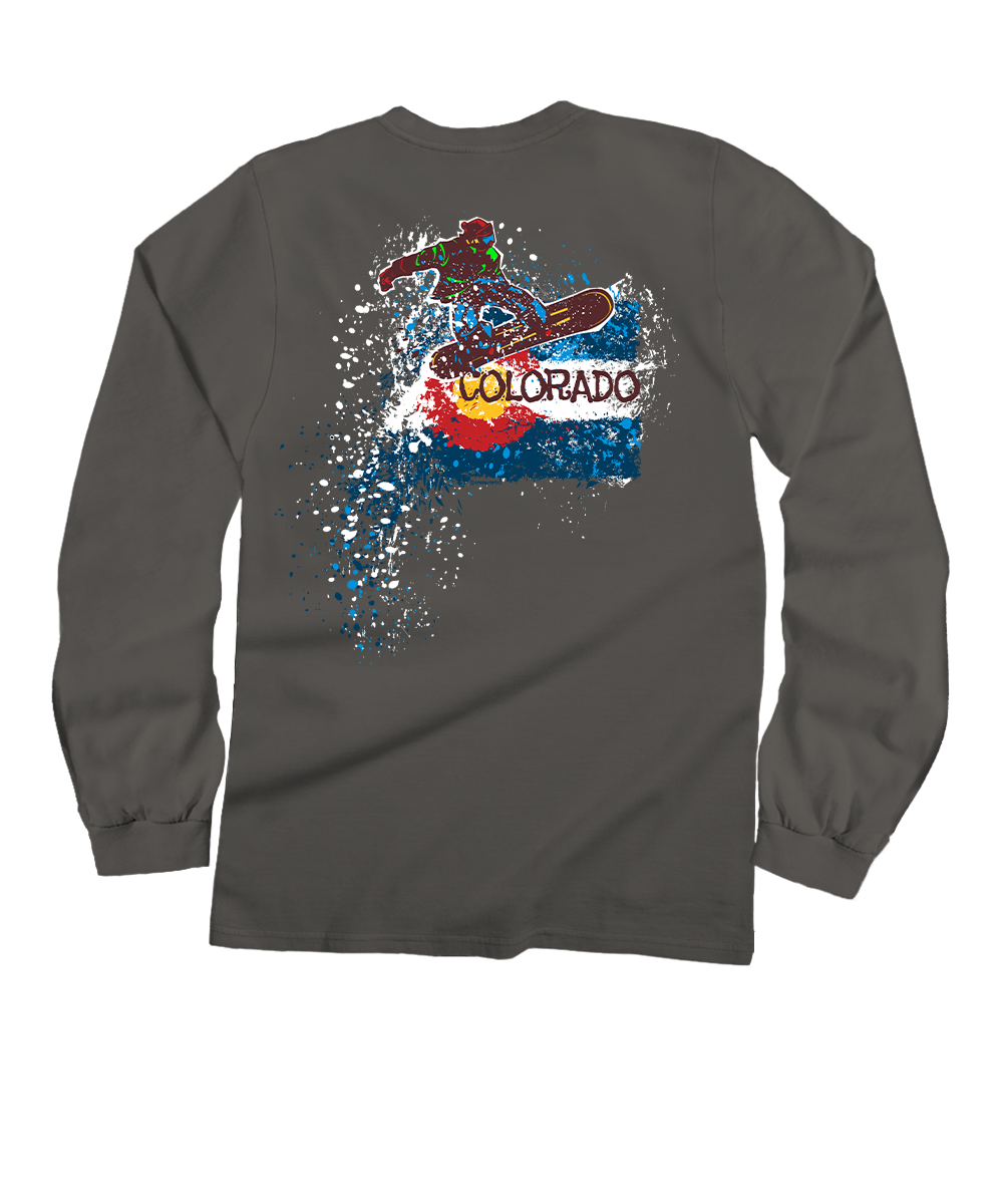 Gray long-sleeve shirt with a colorful 'Colorado' graphic on the back against a white background View 1