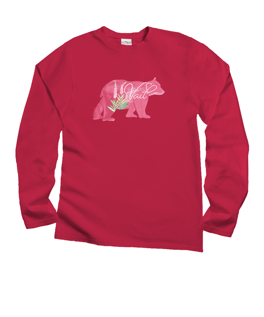 Red long-sleeve shirt with a bear graphic and text on a white background