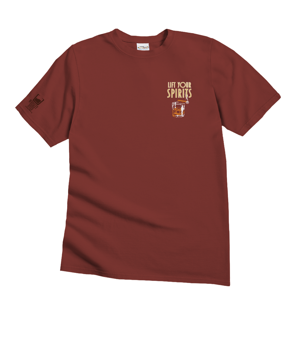 Maroon t-shirt with a small graphic and text on a white background View 4
