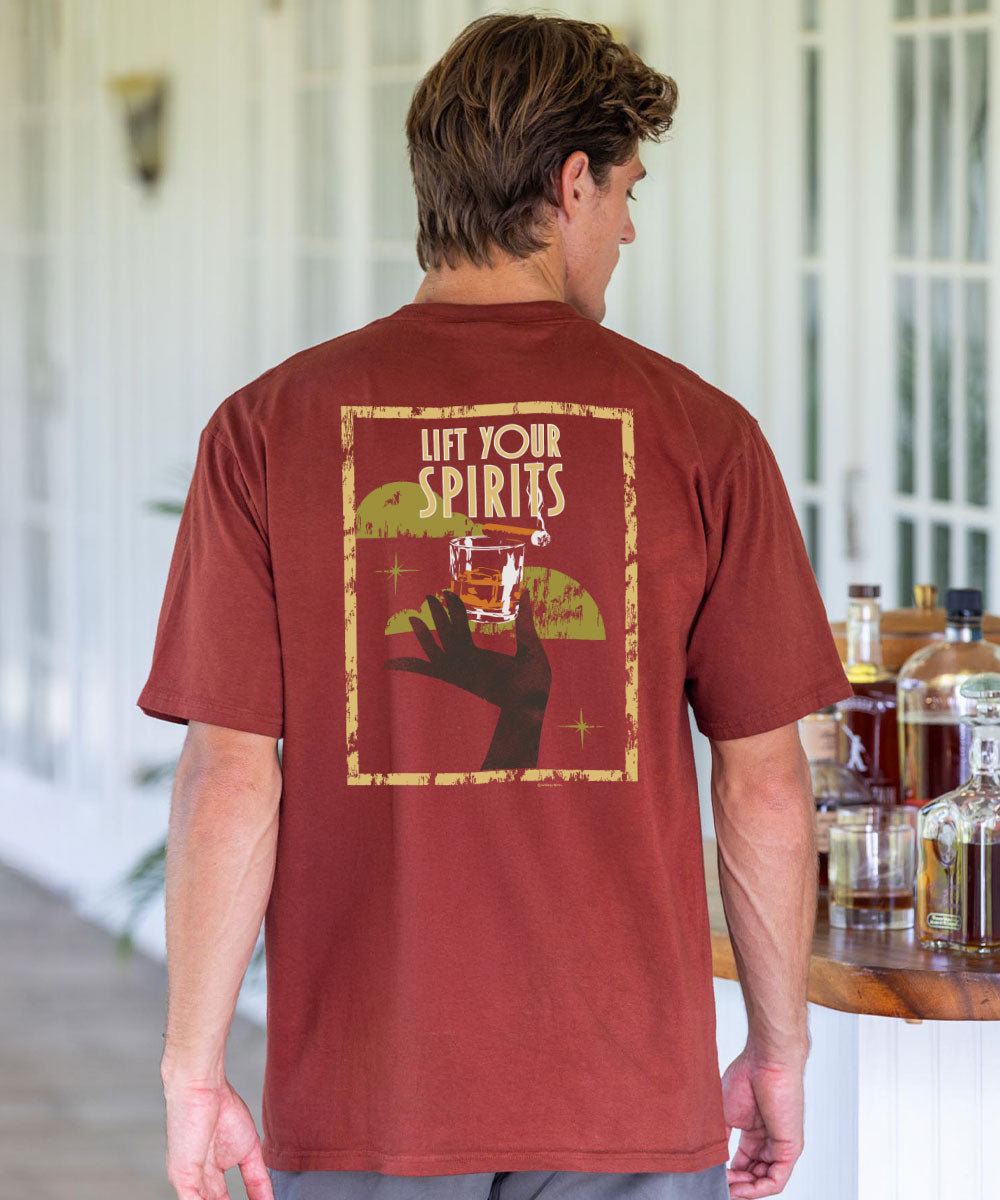 Man wearing a brown t-shirt with 'Lift Your Spirits' graphic, standing in a room with bottles. View 2