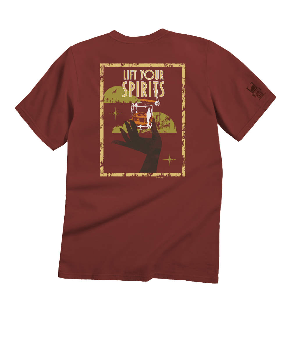 Maroon t-shirt with graphic design on the back featuring a hand holding a glass and text 'Lift Your Spirits' on a white background. View 1