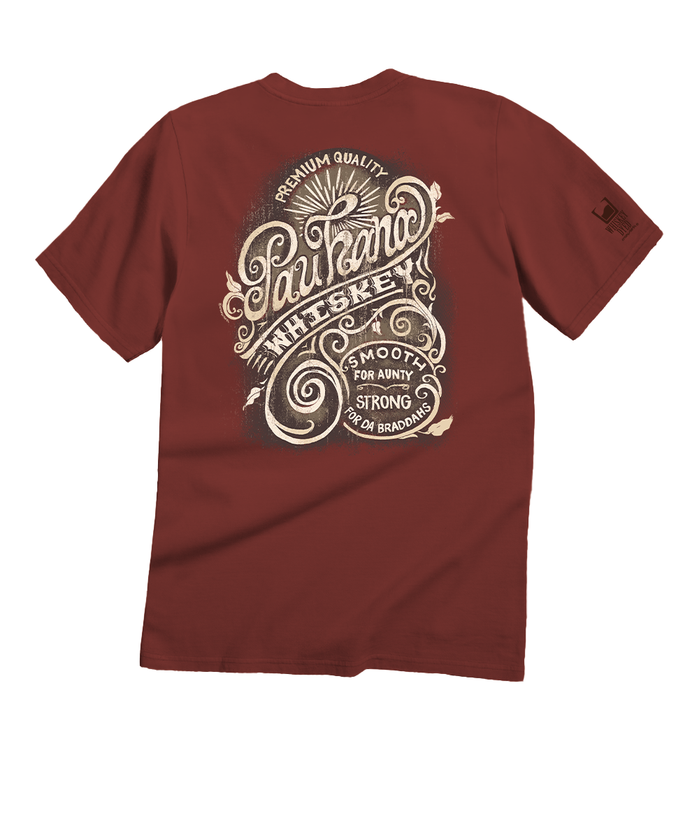 Red t-shirt with white whiskey label design on a white background