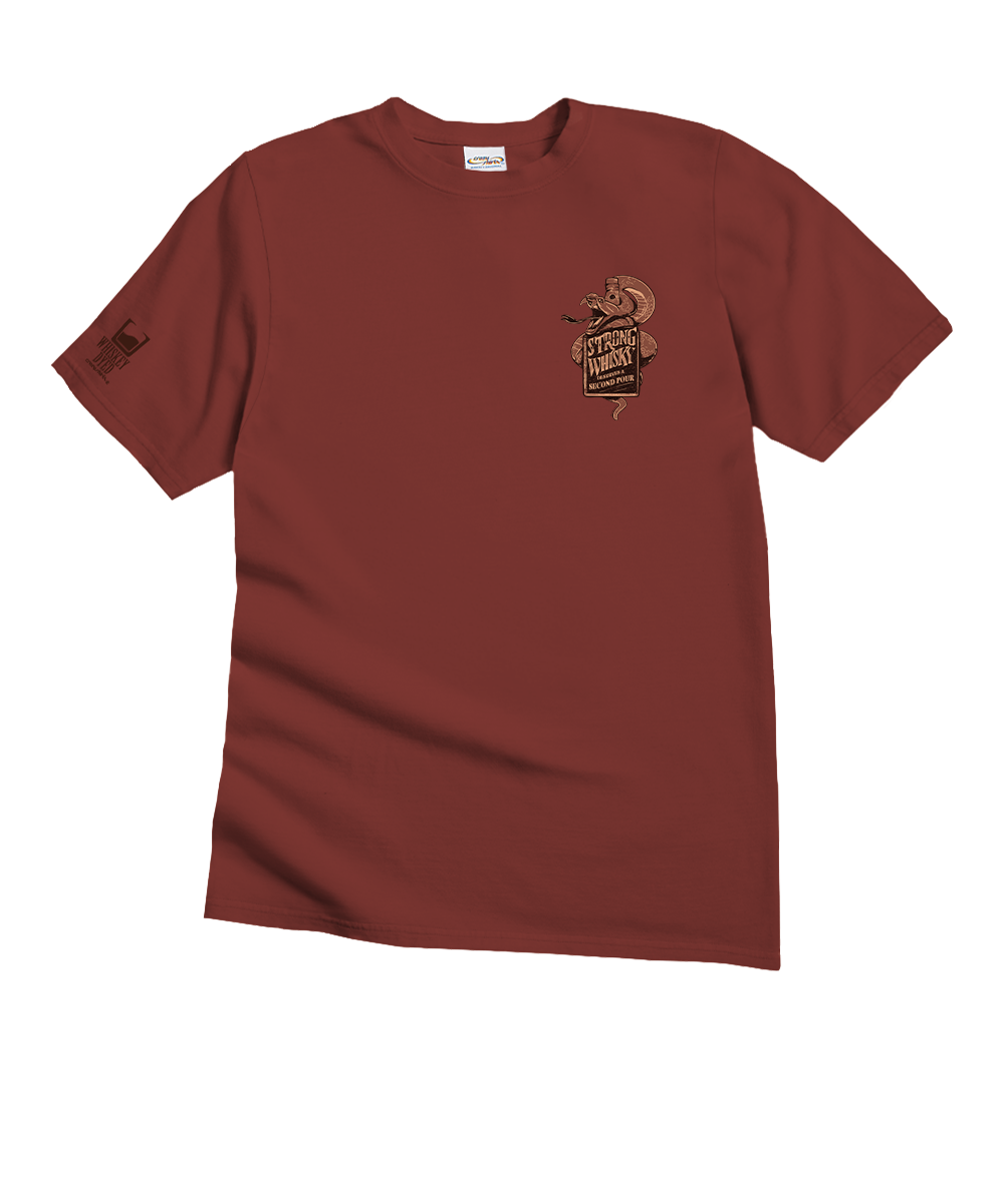 Maroon t-shirt with a logo on the chest against a white background View 4