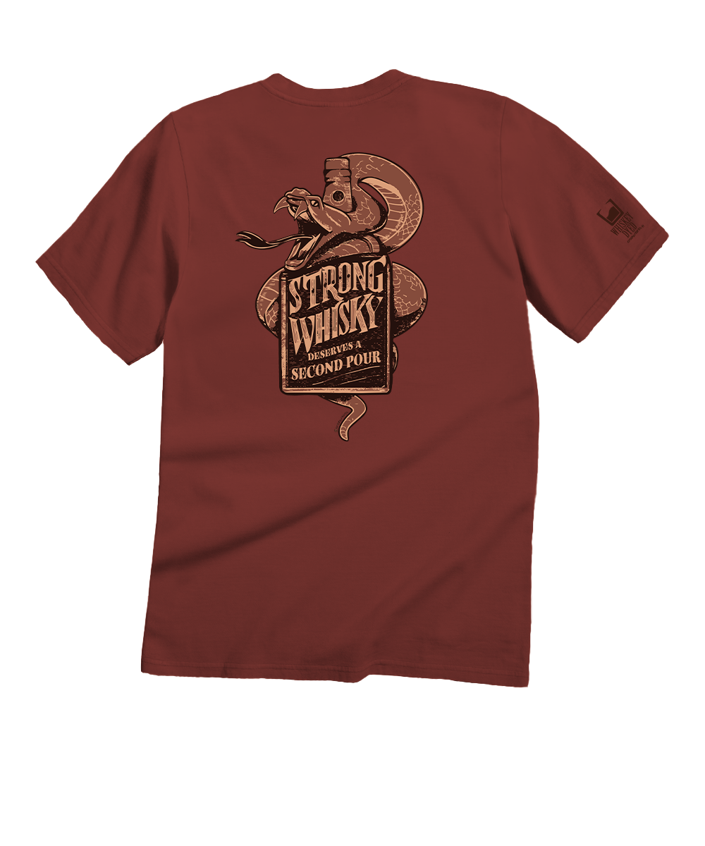 Maroon t-shirt with a graphic design on the back featuring a snake and text, on a white background. View 1