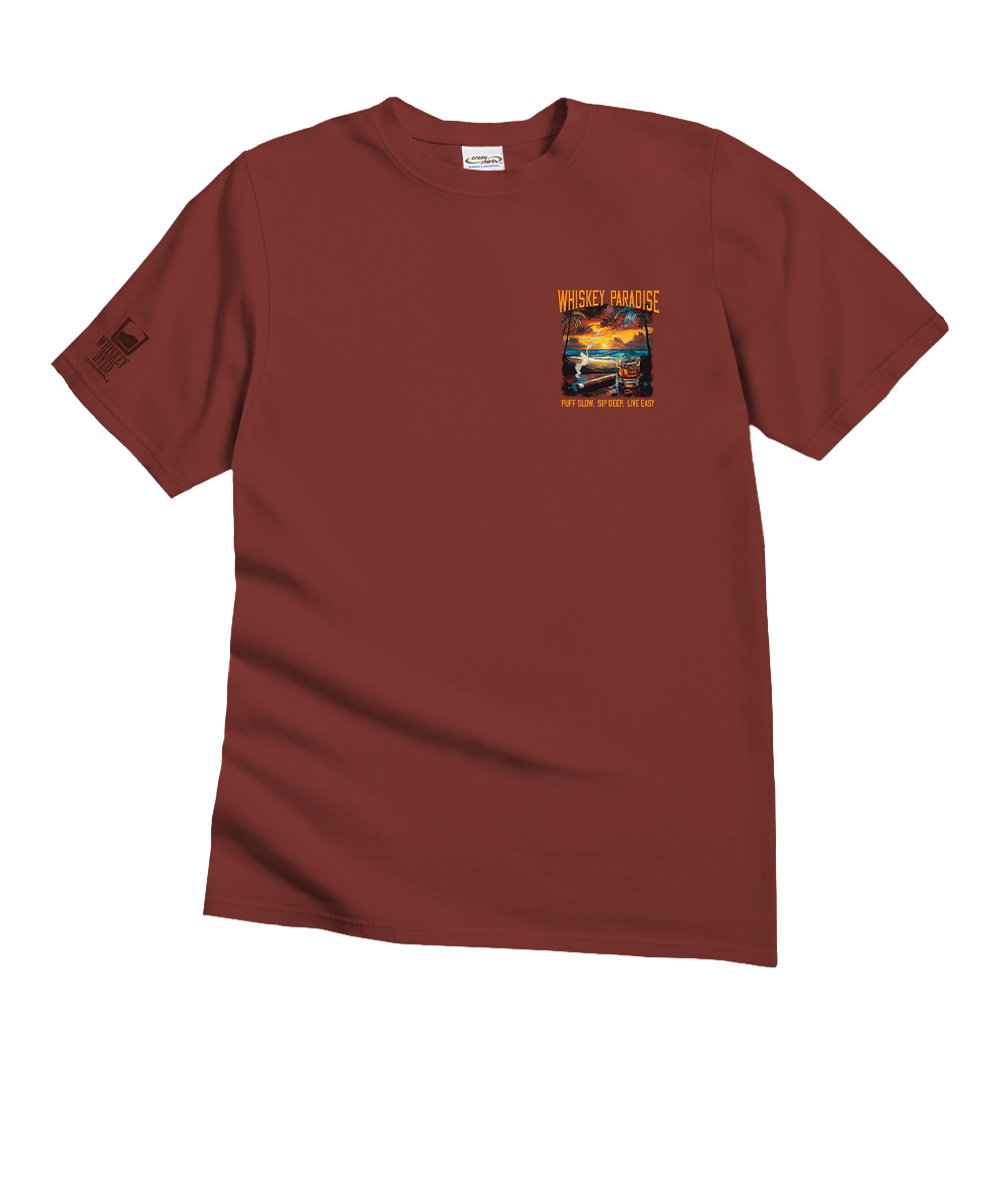 Maroon t-shirt with a small graphic on the chest against a white background View 4
