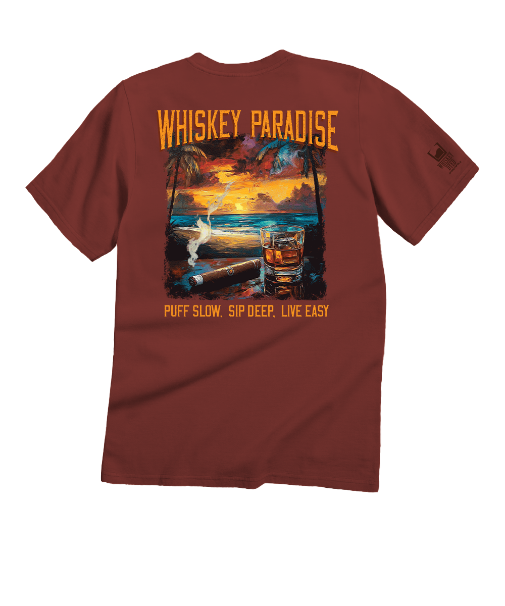 Maroon t-shirt with 'Whiskey Paradise' graphic and text on a white background View 1