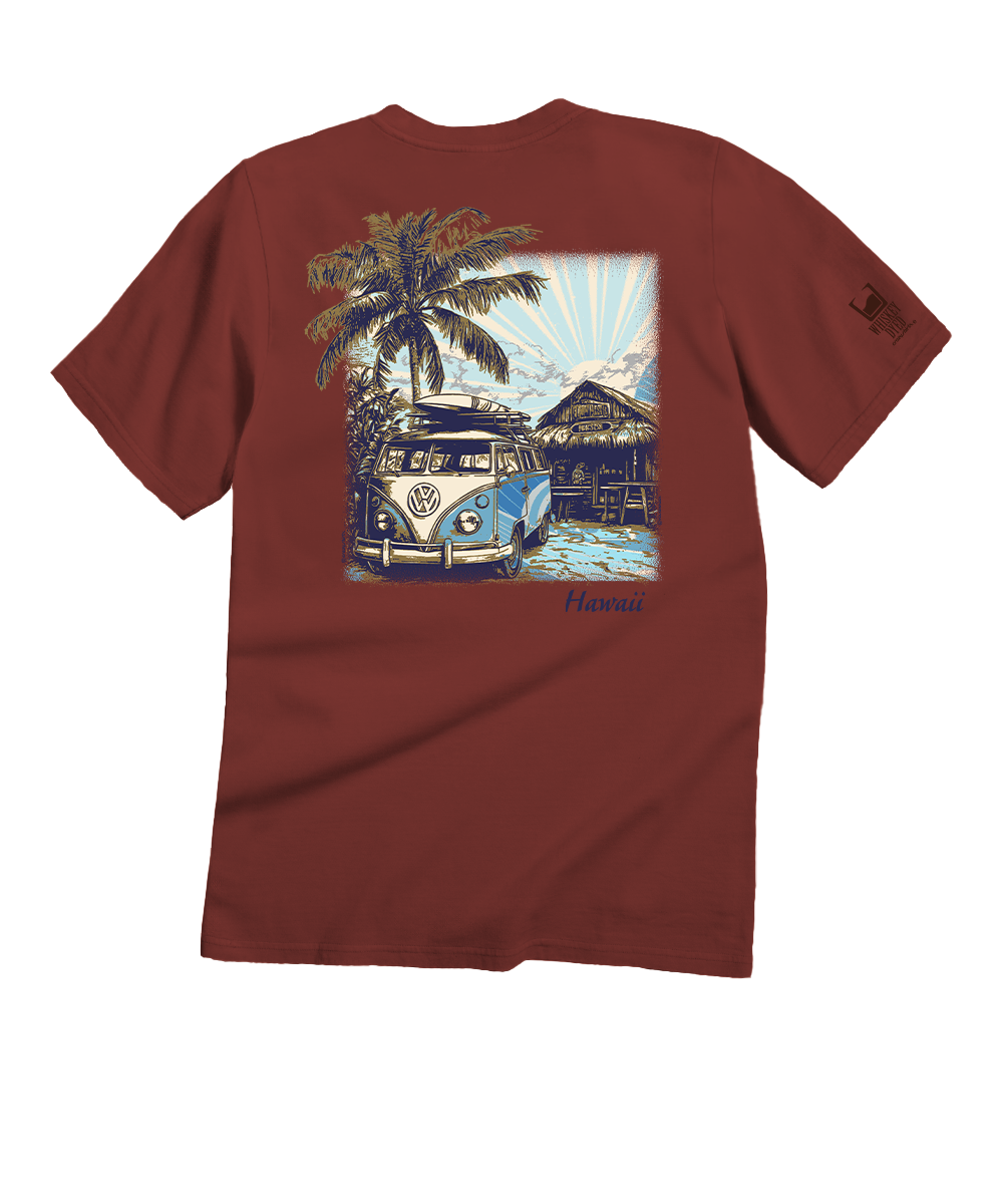 Red t-shirt with a graphic of a Volkswagen bus and palm trees on a white background