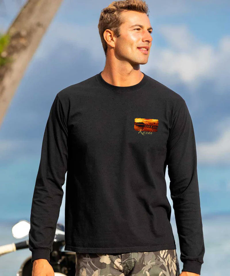 Hanalei Sunset - Black Long Sleeve Crewneck T-Shirt View 3