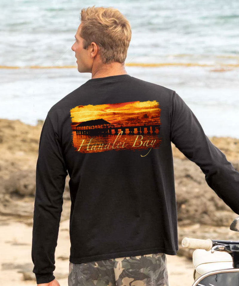 Hanalei Sunset - Black Long Sleeve Crewneck T-Shirt View 2