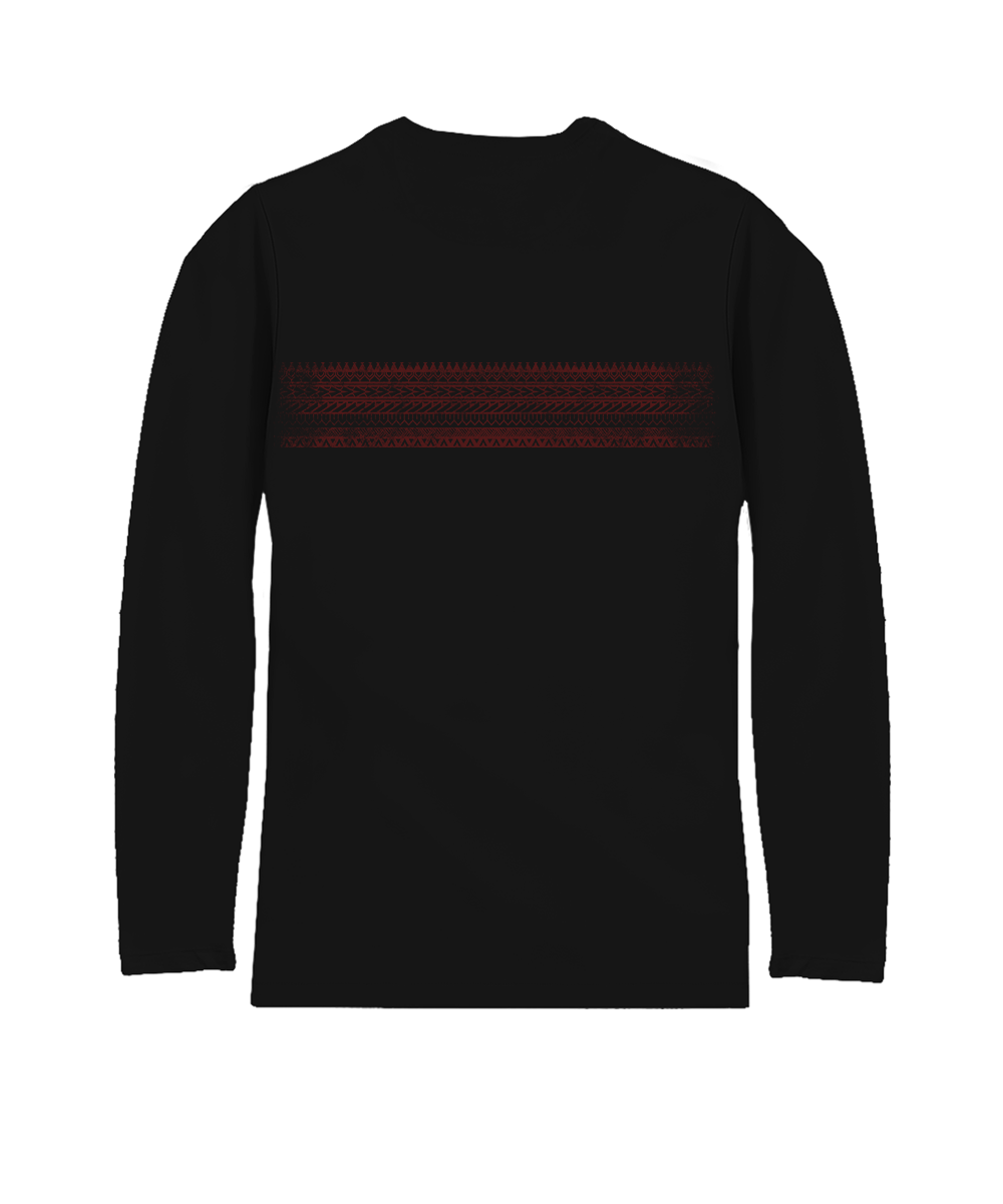 Black long-sleeve shirt with red design on a white background View 4