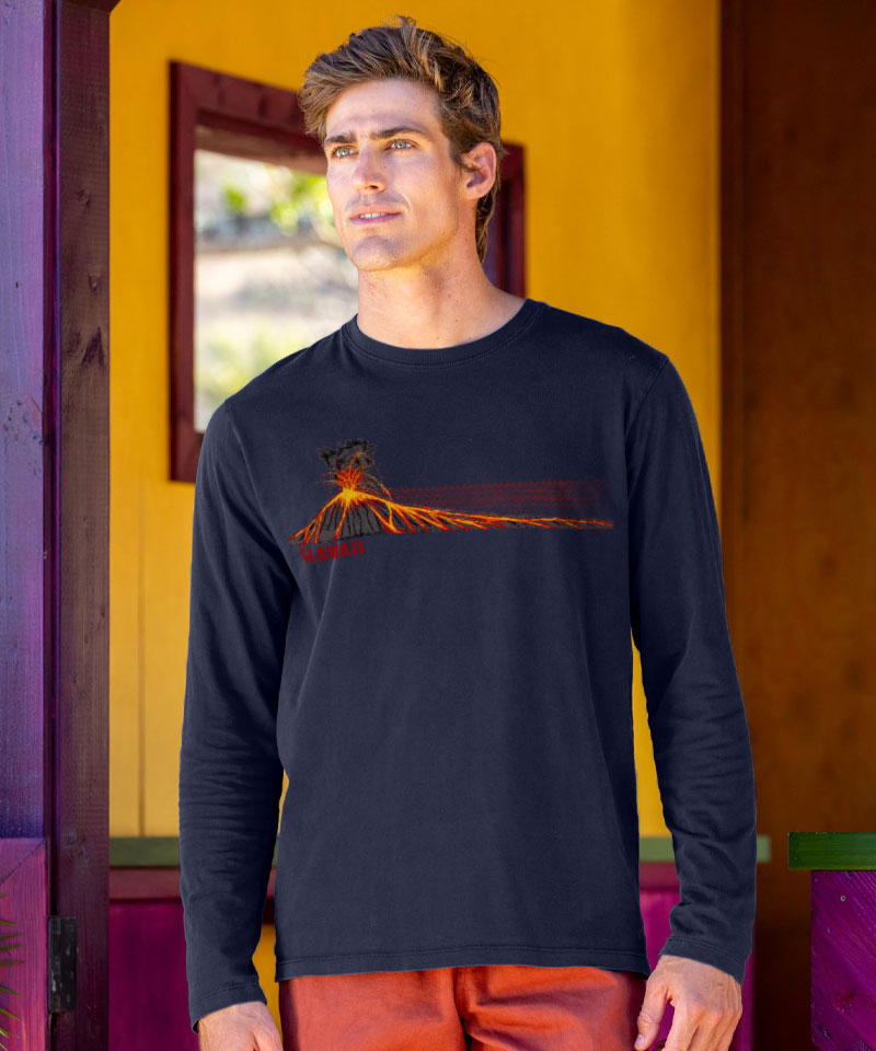 Man wearing a black long-sleeve shirt with a graphic design in front of a colorful wall. View 2
