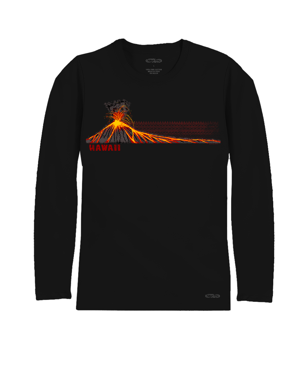 Black long-sleeve shirt with a volcano graphic and 'Hawaii' text on a white background View 1