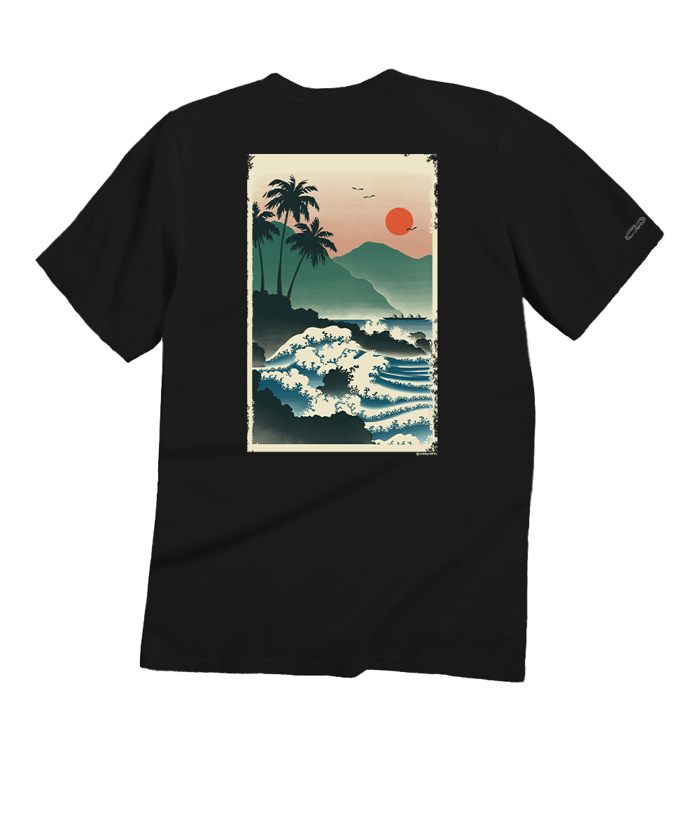 Black t-shirt with a tropical graphic design on the back, with a white background. View 1