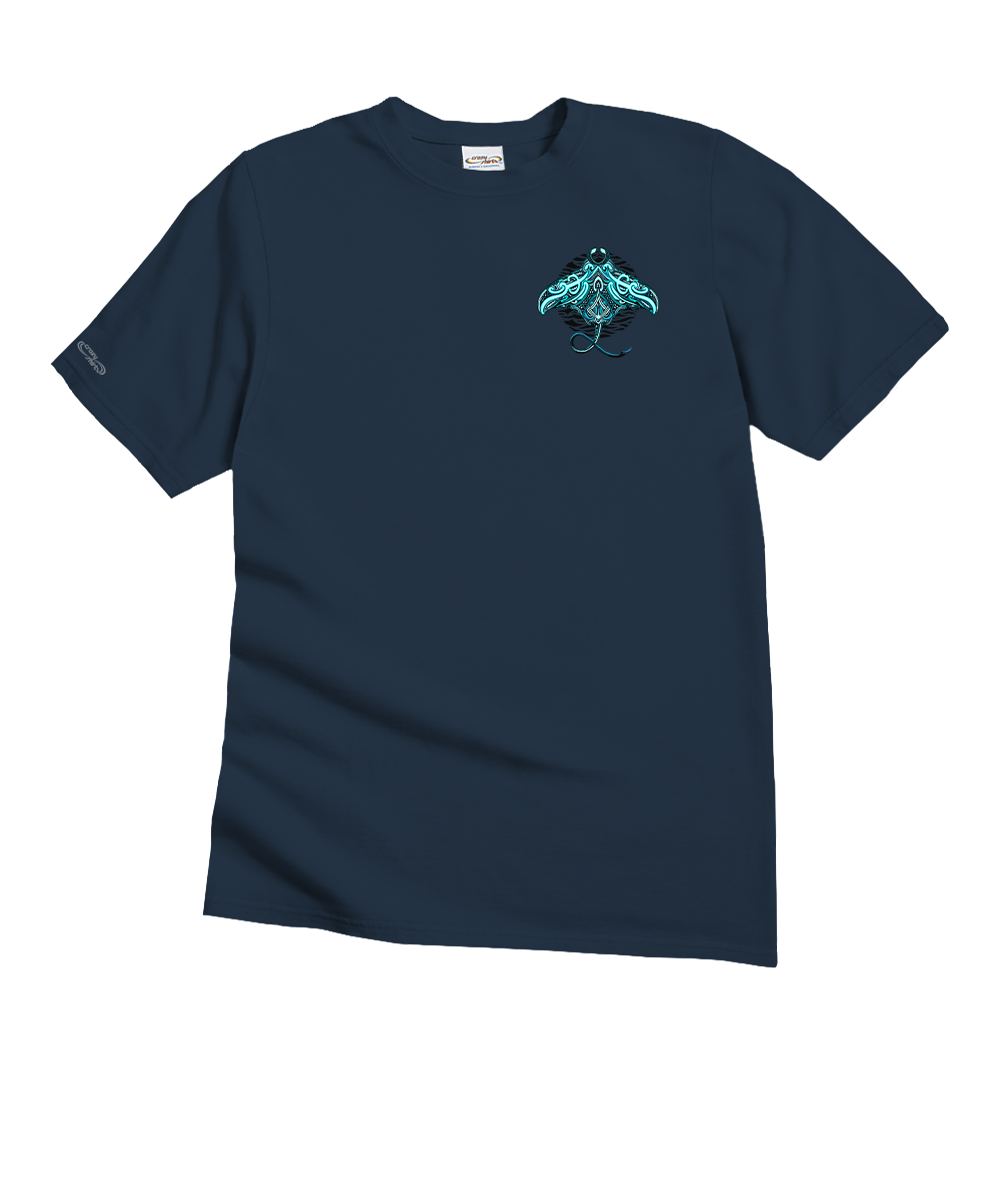 Navy blue t-shirt with a small graphic on the chest against a white background View 4