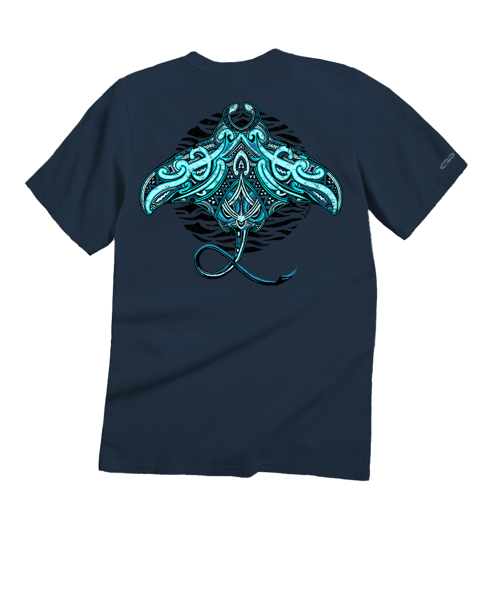 Navy blue t-shirt with a teal stingray design on the back against a white background View 1