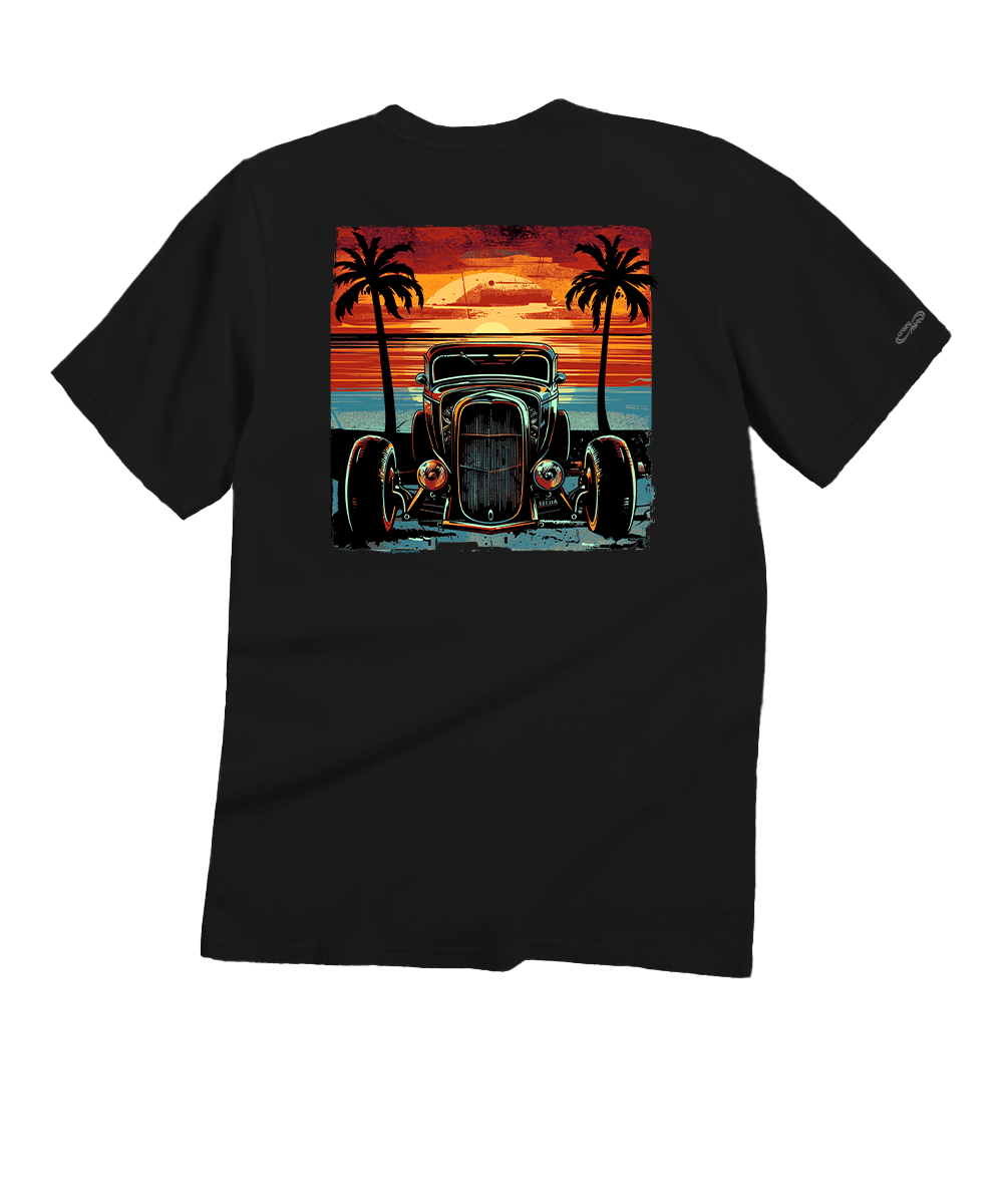 Black t-shirt with a vintage car and sunset design on the back, displayed against a white background. View 1