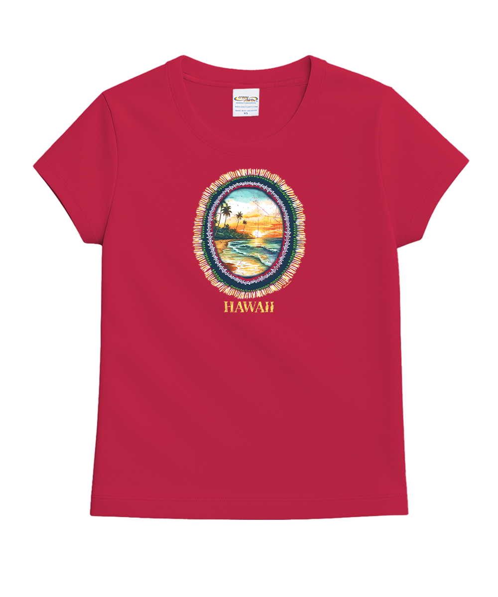 Raspberry dyed t-shirt with a 'Hawaii' graphic design on a white background