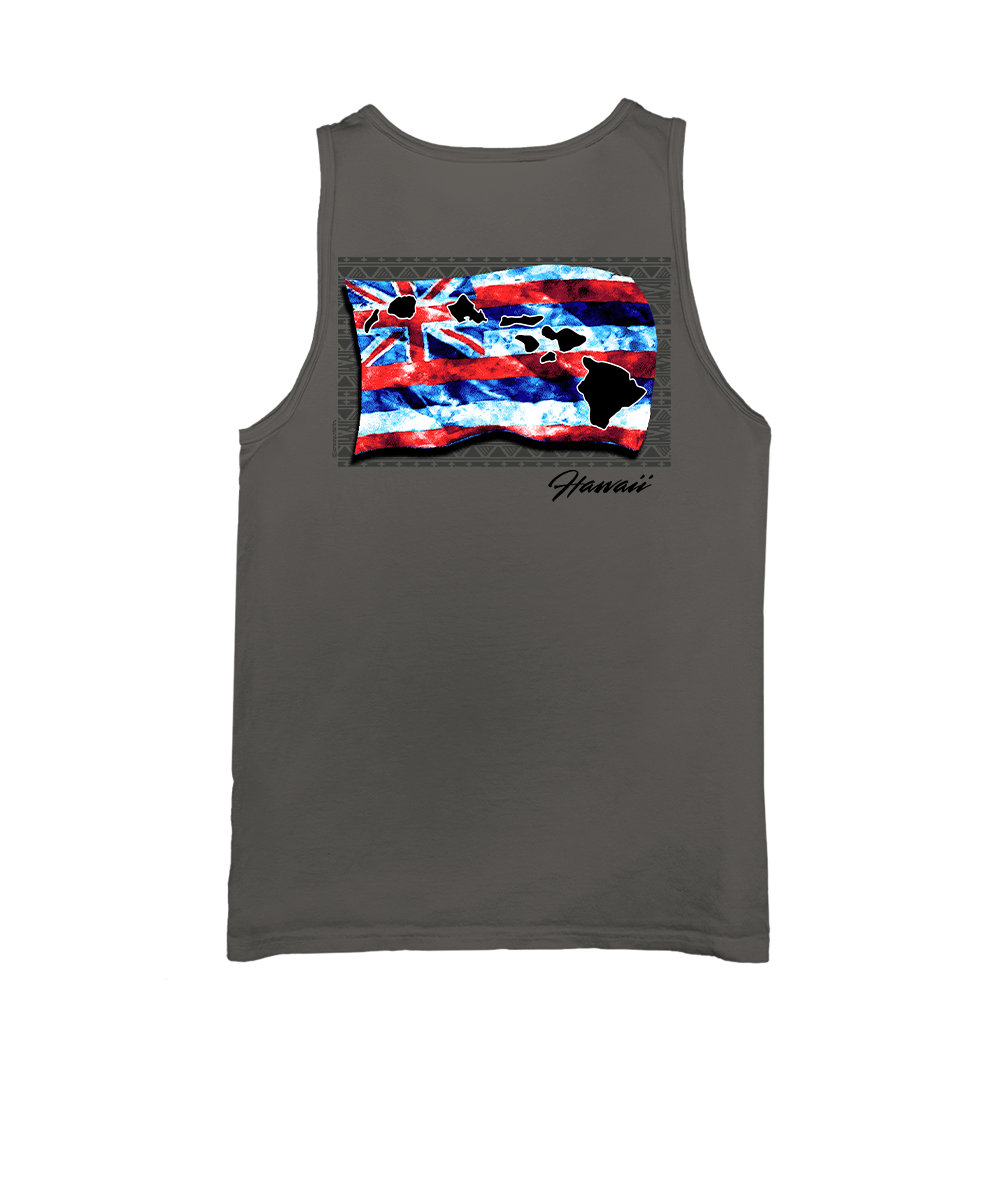 Gray tank top with a colorful flag design on the back against a white background View 1