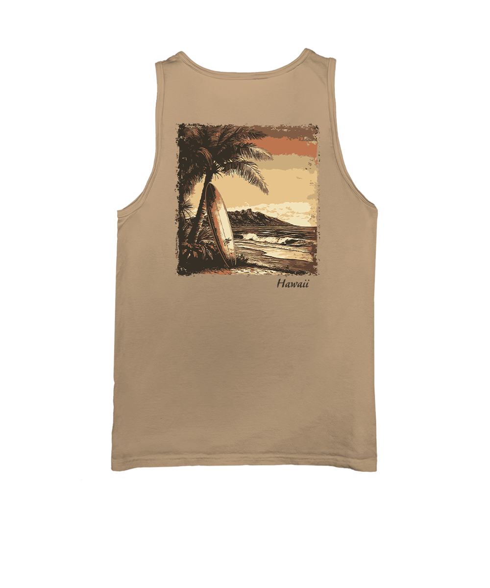 Light brown tank top with a tropical graphic design on a white background View 1