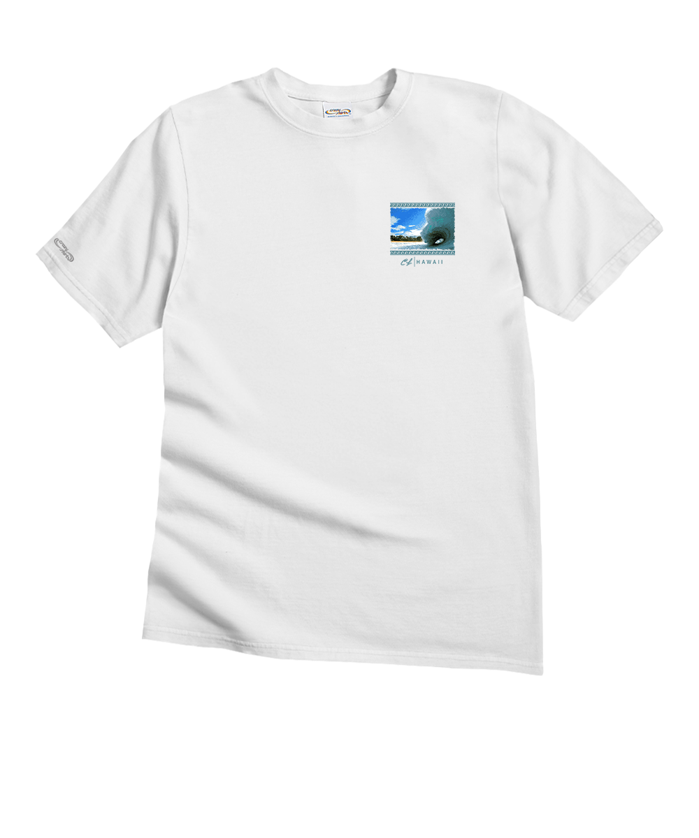 White t-shirt with a small graphic on the chest against a white background View 4
