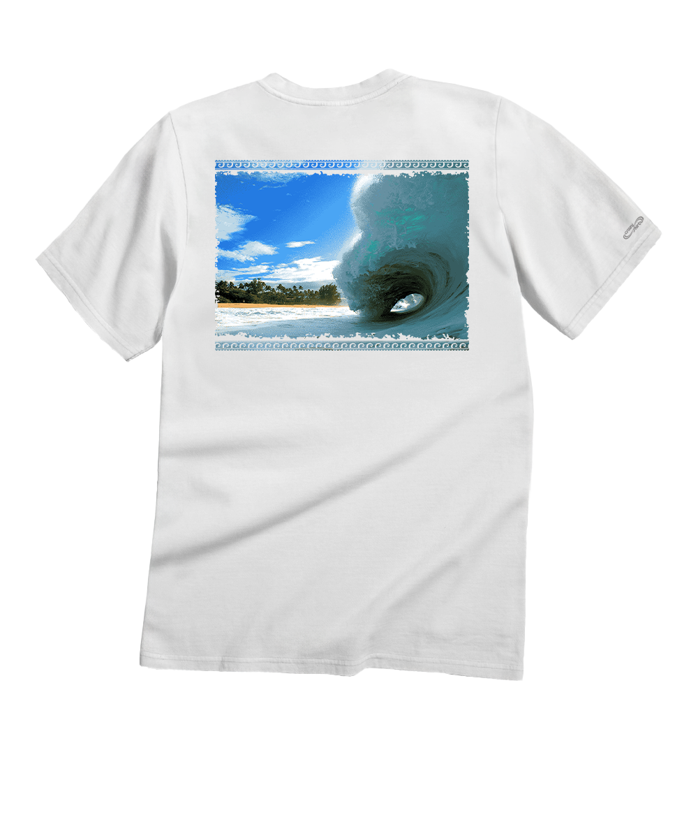 White t-shirt with a graphic of a wave and beach on the back, displayed against a white background. View 1