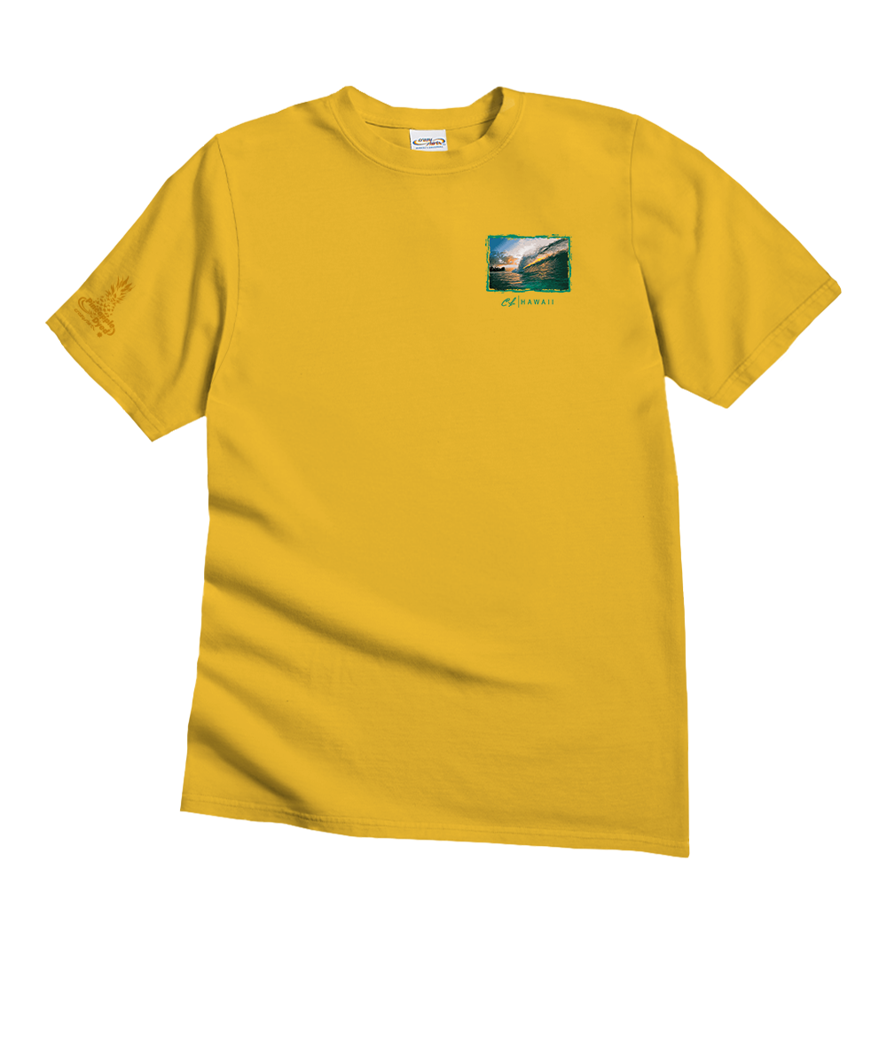 Yellow t-shirt with a small graphic on the chest against a white background View 4