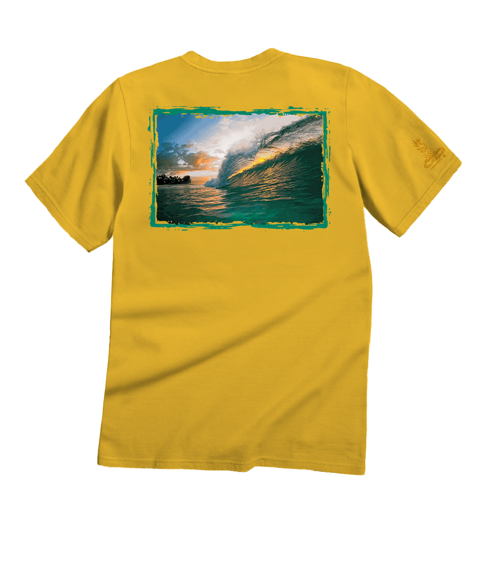 Yellow t-shirt with a scenic print on the back against a white background View 1