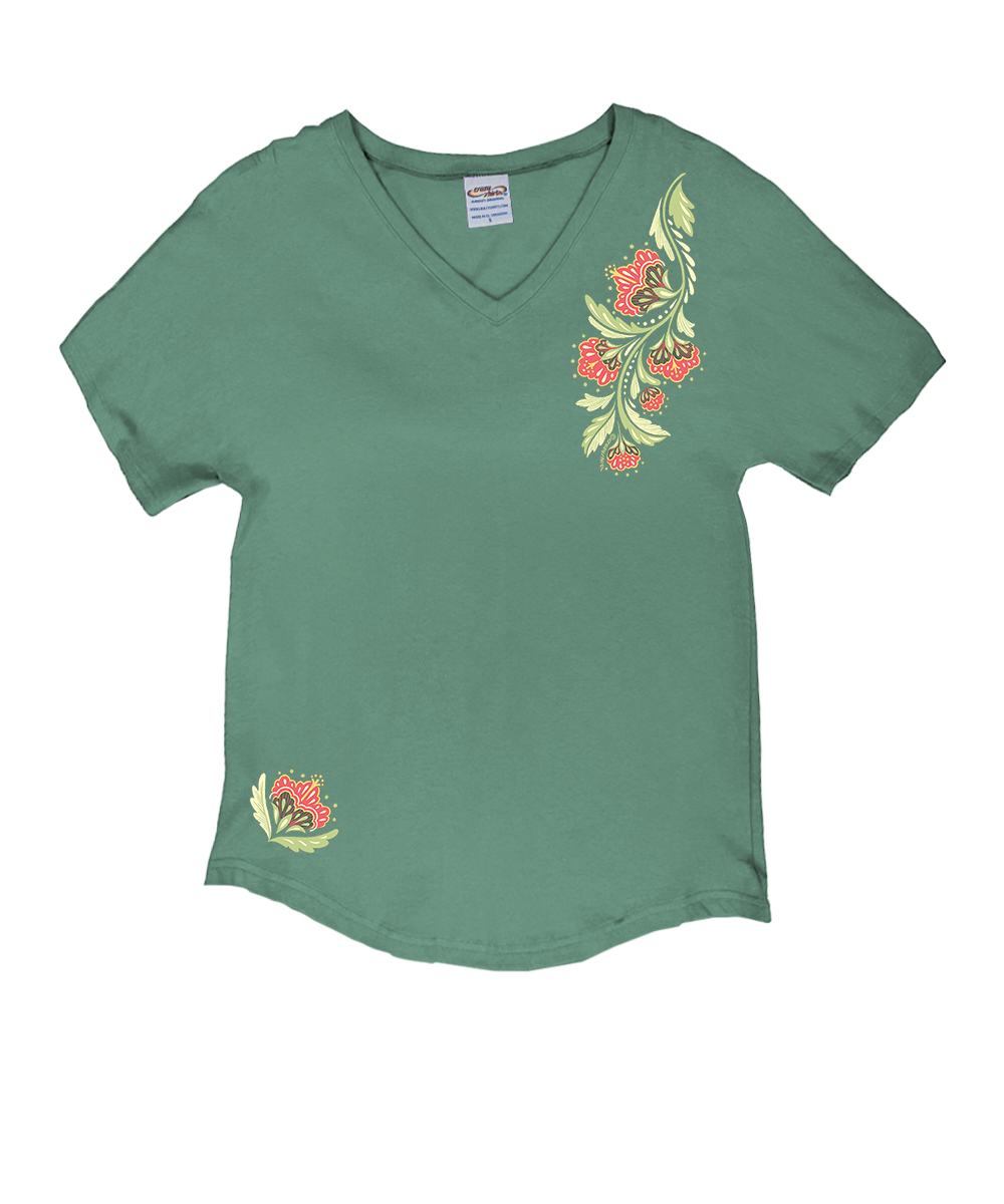 Green t-shirt with floral designs on a white background View 1