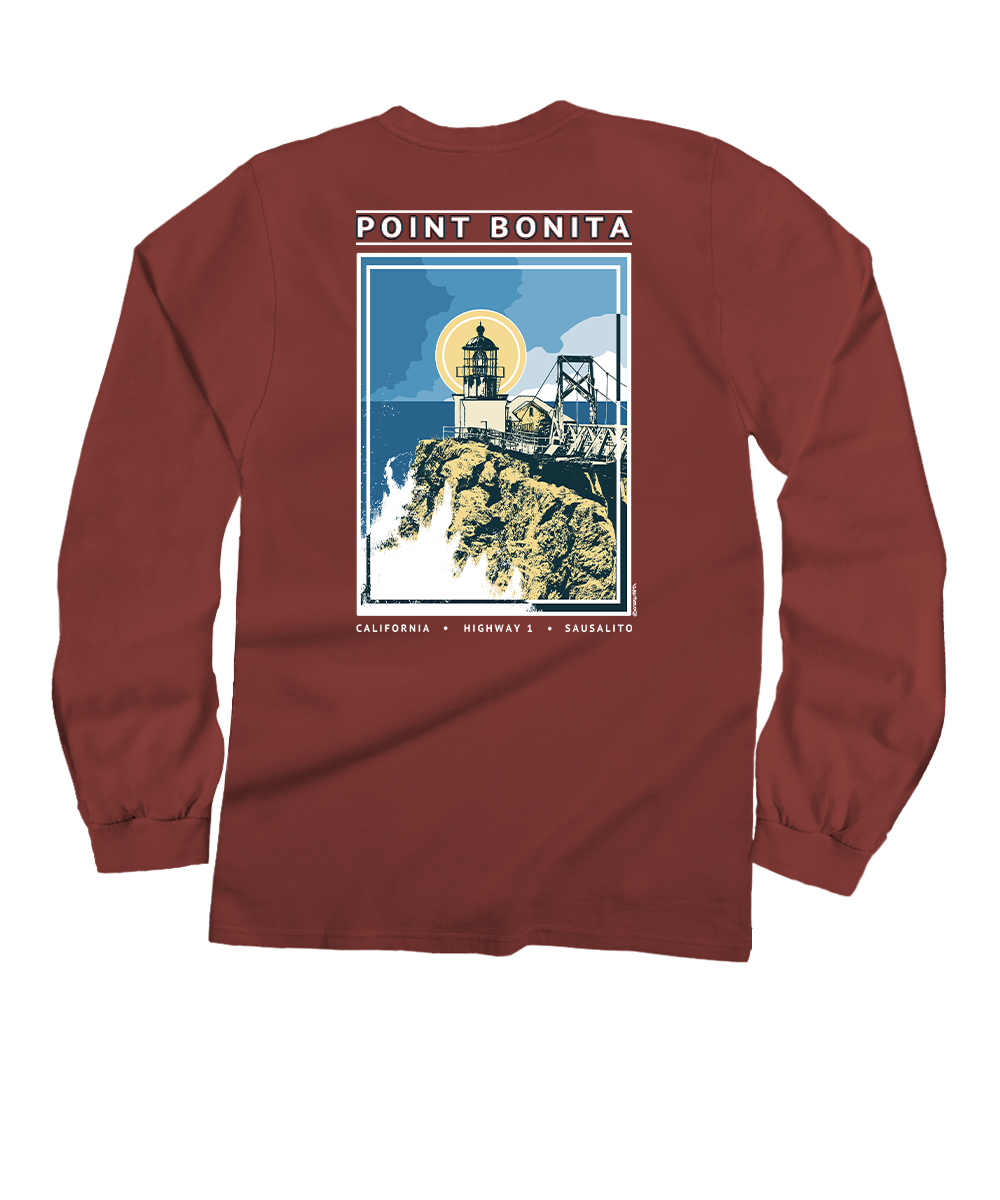 Maroon long-sleeve shirt with Point Bonita lighthouse graphic on a white background