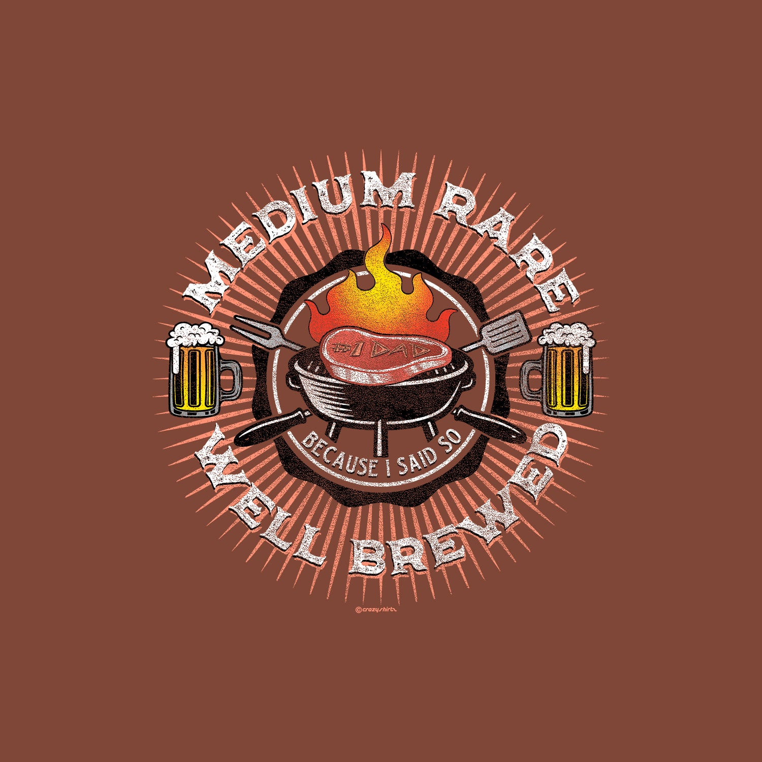Circular logo with a grill, beer mugs, and text on a brown background