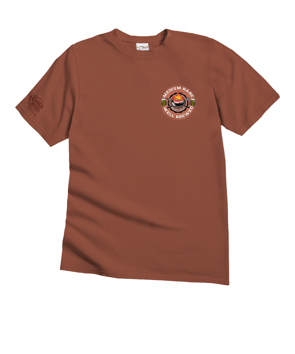 Brown t-shirt with a logo on the chest against a white background View 4