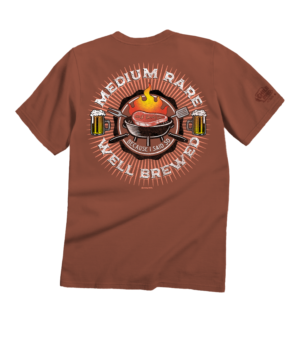 Brown t-shirt with a graphic of a grill and text on the back, on a white background View 1