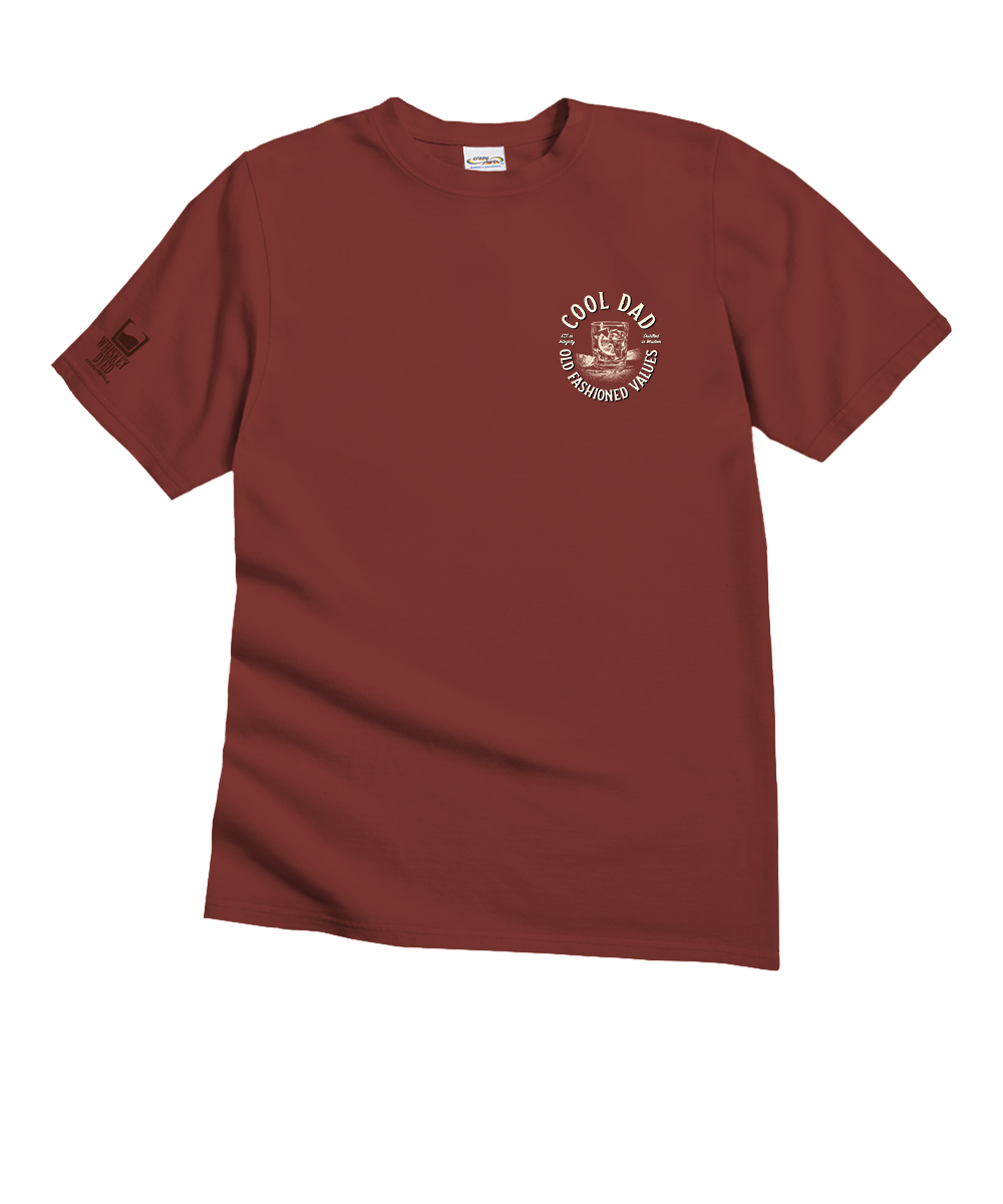 Maroon t-shirt with a small graphic and text on a white background View 4