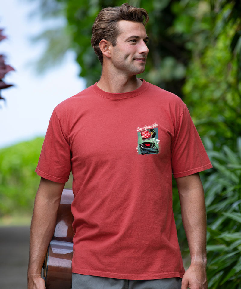 Man wearing a red t-shirt with a graphic design outdoors View 3
