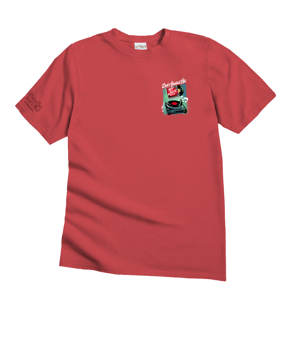 Maroon t-shirt with a graphic of a record player and music-themed design on the front, on a white background. View 4