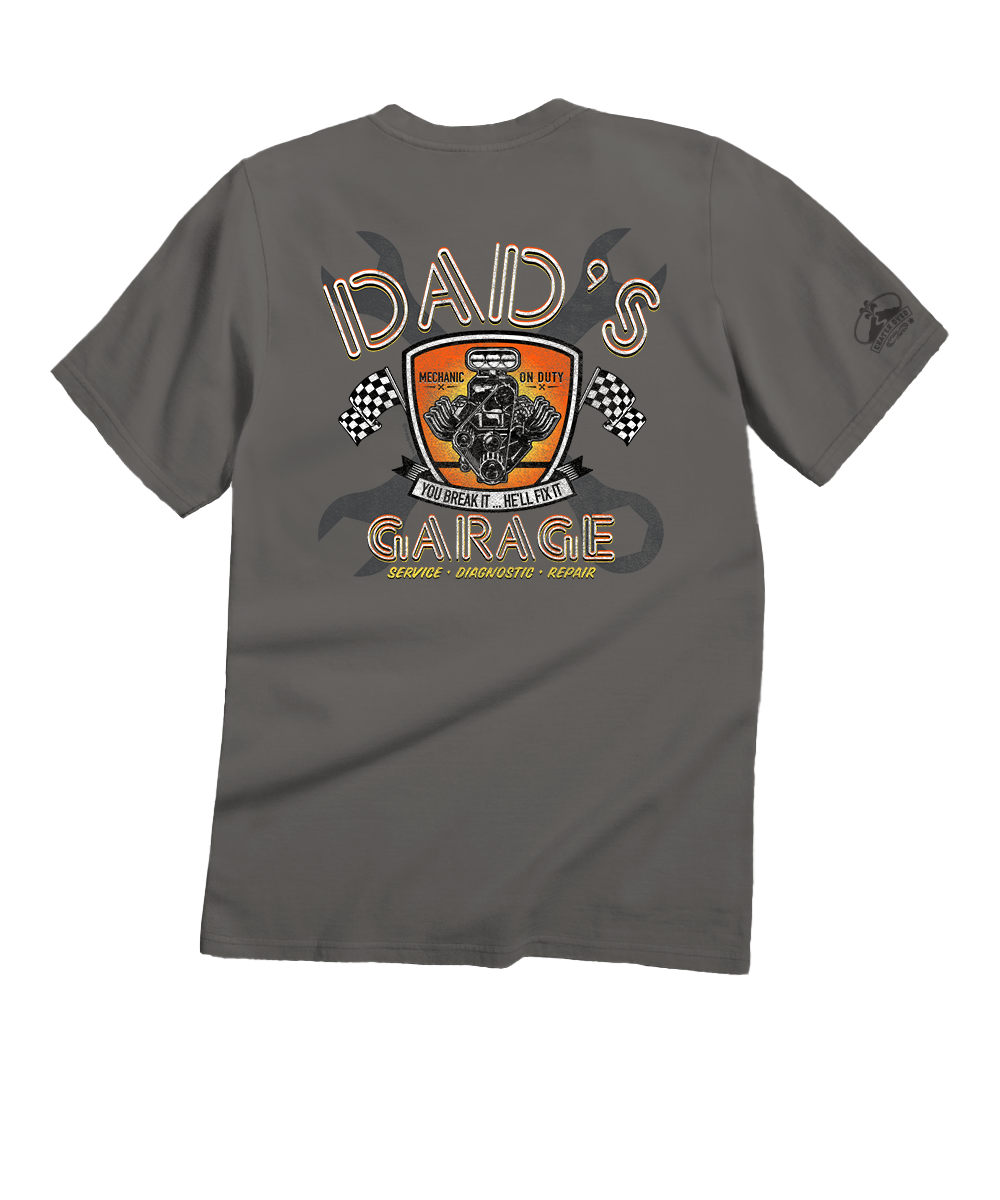 Gray t-shirt with 'Dad's Garage' graphic on a white background View 1