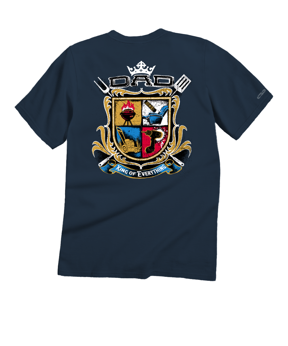 Navy blue t-shirt with a colorful graphic on the back against a white background View 1