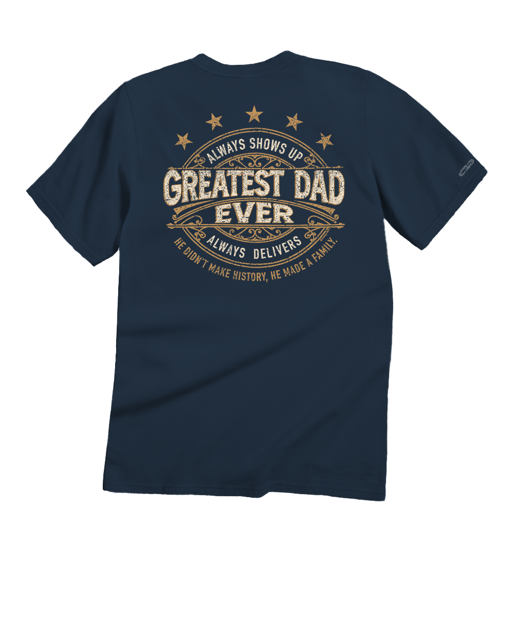 Navy blue t-shirt with 'Greatest Dad Ever' text on a white background View 1