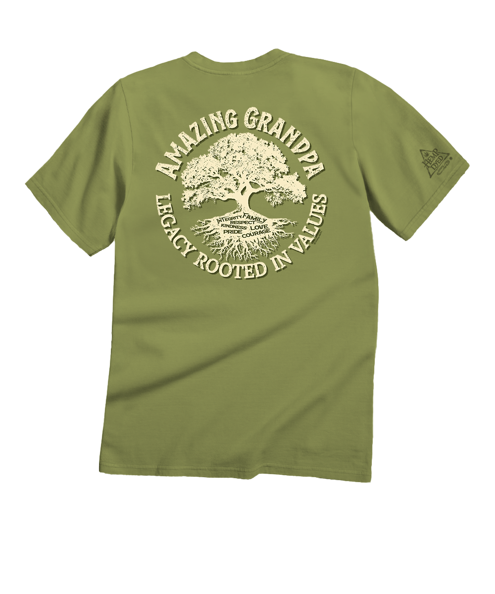 Green t-shirt with a tree graphic and text on the back, on a white background View 1