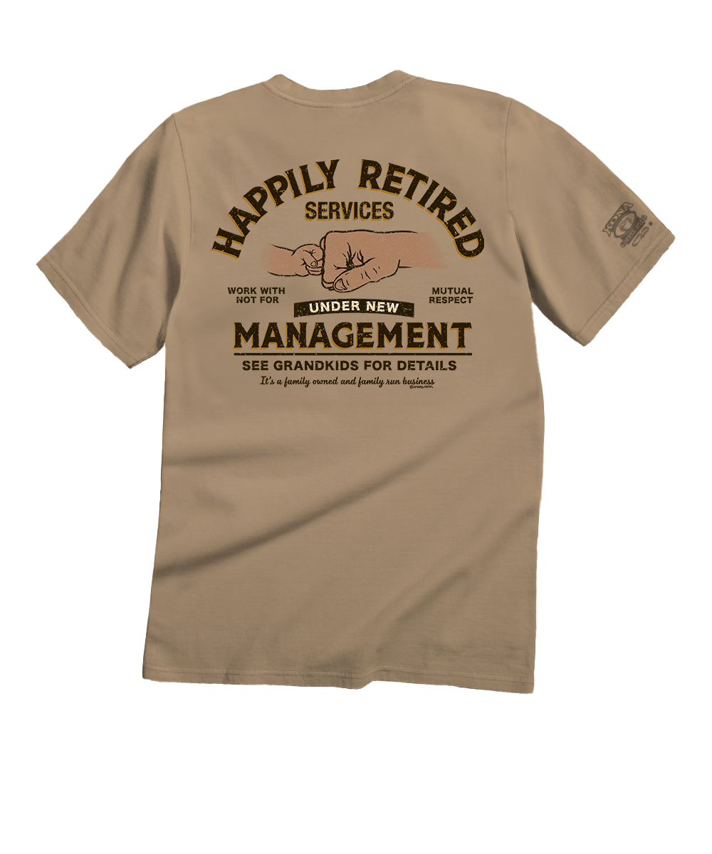 Beige t-shirt with humorous design printed on the back against a white background. View 1