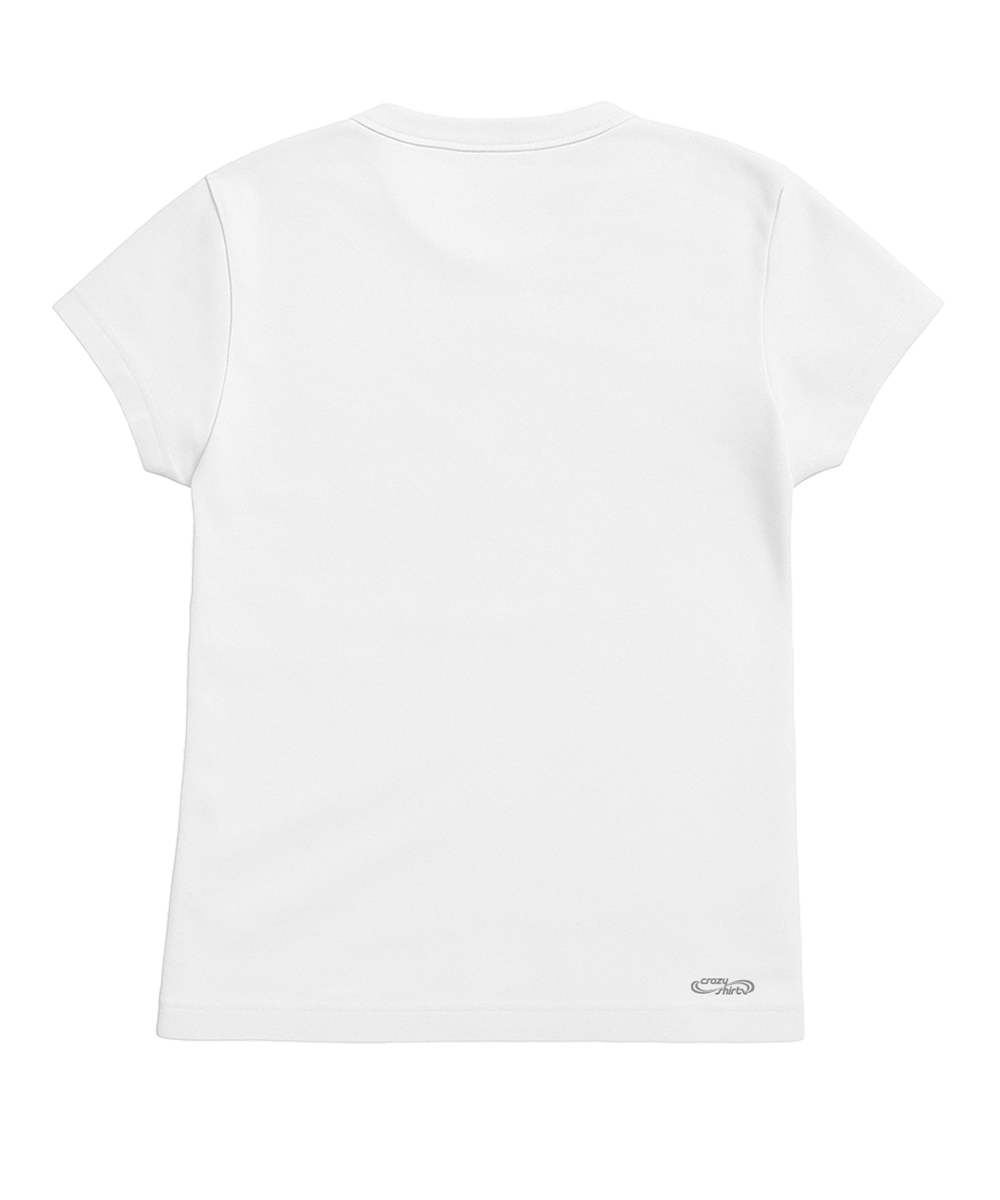 White t-shirt with a small logo on the back against a white background View 4