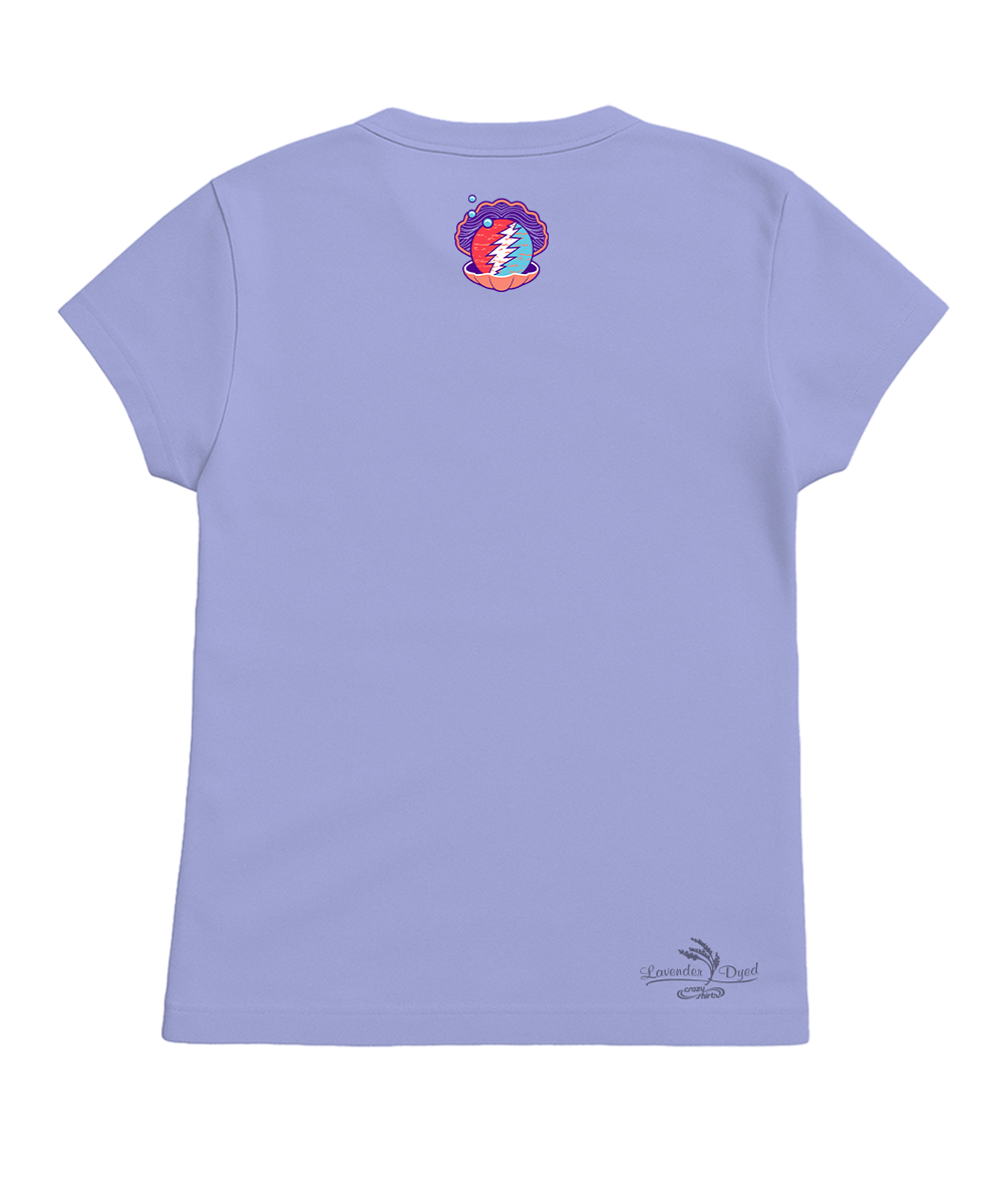 A light purple short-sleeve t-shirt shown from the back, featuring a colorful circular graphic on the upper back and a small gray script logo near the lower right hem, set against a plain white background. View 4