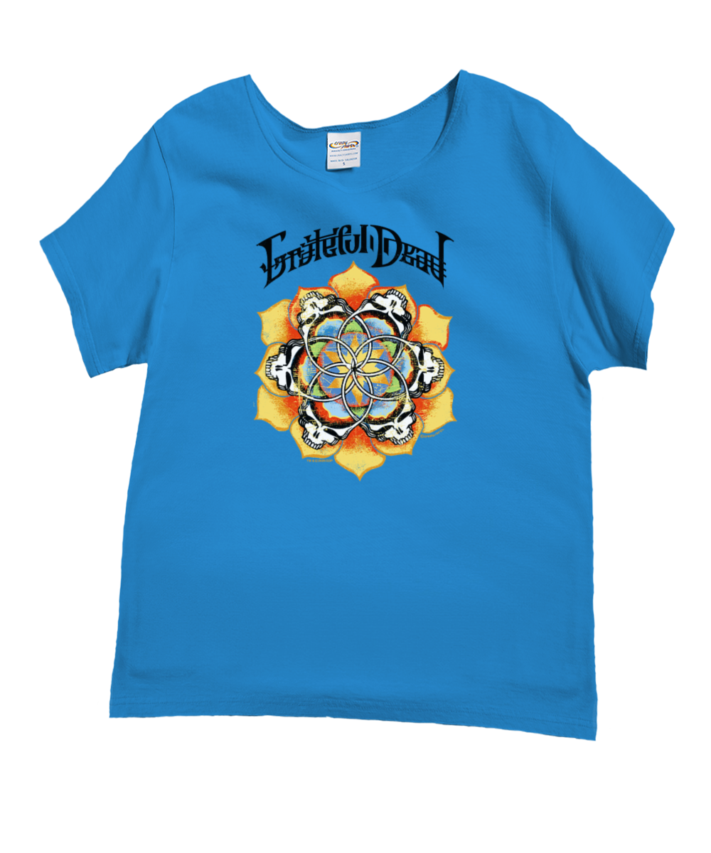 A bright blue short-sleeve t-shirt featuring the Grateful Dead logo and a colorful geometric mandala graphic on the front, displayed against a plain white background. View 1
