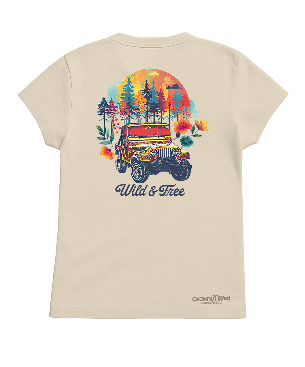 Beige t-shirt with a colorful graphic of a jeep and nature elements on a white background View 1