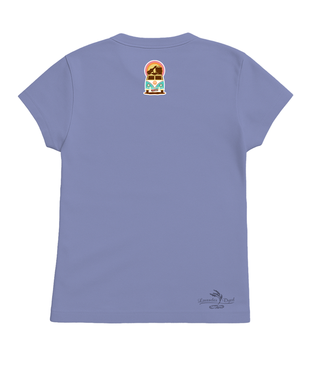 Purple t-shirt with a small graphic on the back against a white background View 4