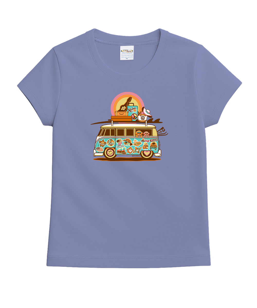 Purple t-shirt with a colorful graphic of a van and surfboard on a white background View 1