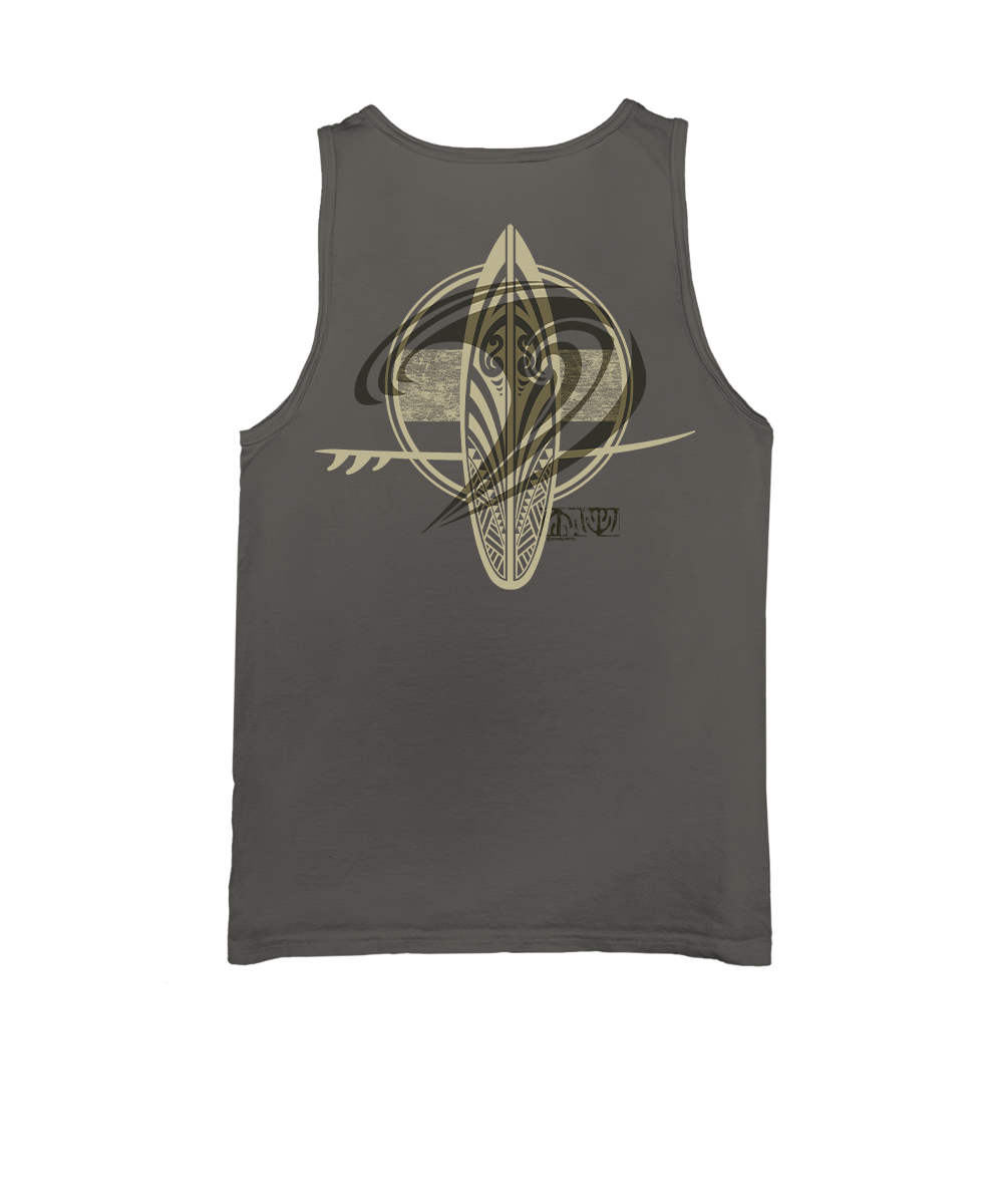 Gray tank top with a graphic design on the back against a white background View 1