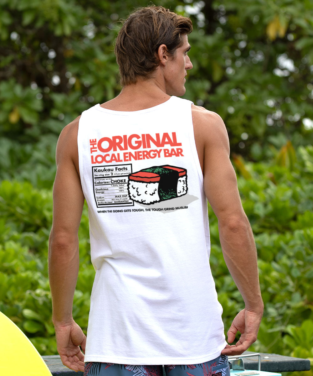Man wearing a white tank top with 'The Original Local Energy Bar' design, standing outdoors. View 2