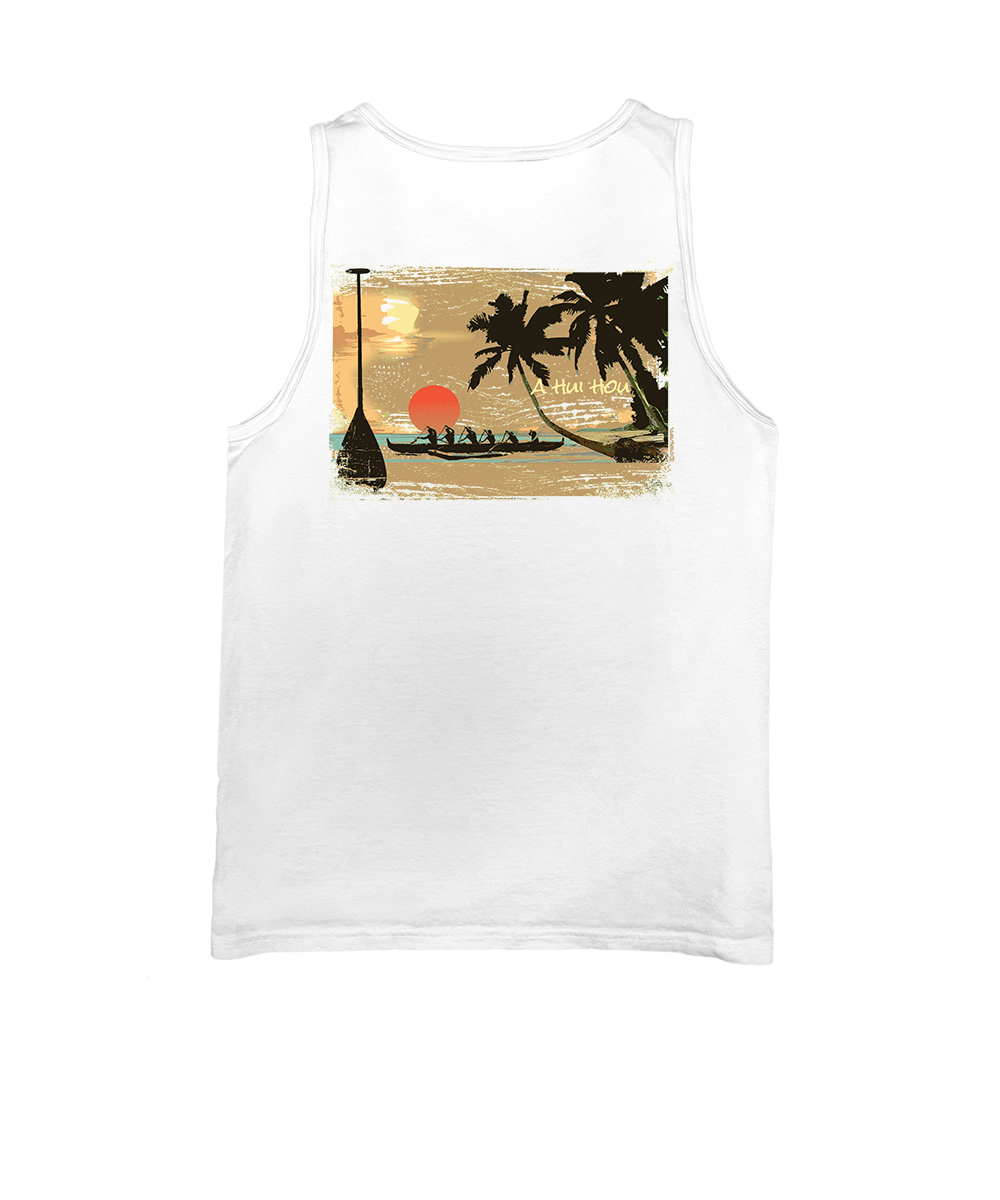 White tank top with a tropical design featuring palm trees and a sunset. View 1